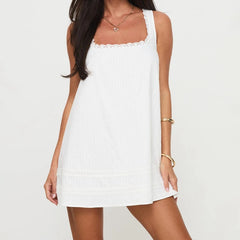Lace Trim Square Neck Babydoll Mini Dress