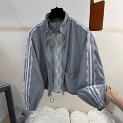 Lace Trim Stand-up Collar Zipper Jacket