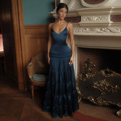 Blue Velvet Ruffles Backless Long Dress
