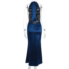 Blue Satin Halter Neck Backless Maxi Dress