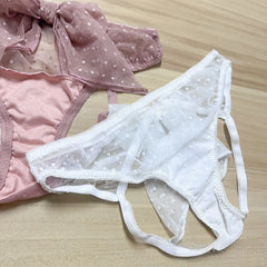 Tie Up Babydoll Mesh Dot Lace Nightdress with Panties Pajama Set