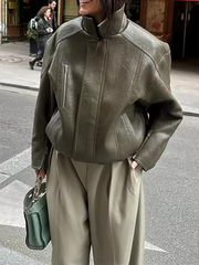 Green Pu Leather Zipper Jacket