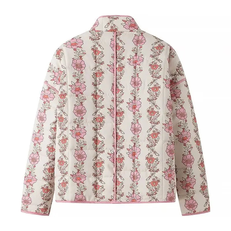 Floral patterned jacket- back view ,pink in color