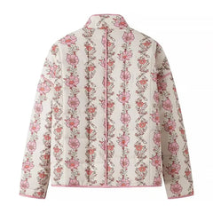 Floral patterned jacket- back view ,pink in color