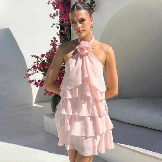 3D Flowers Ruffled Halter Tiered Mini Dress
