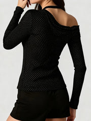 Tie-up Strap Dot Print Off The Shoulder Long Sleeve Top