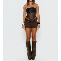 Black Sequined Tassel Hem Mesh Tube Top