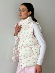 Floral Open Stitch Printed Puffer Vest