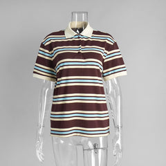 Retro Striped Short Sleeve Polo Neck T-shirt