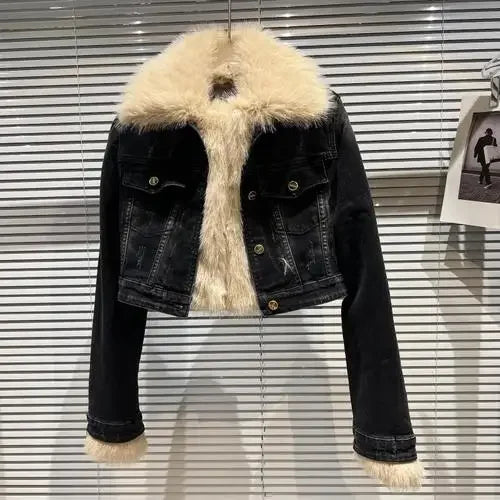 Faux Fur Collar Quilted Denim Crop Jacket