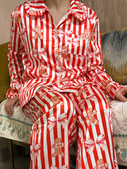 Satin Gingerbread Print Long Sleeve Shirt And Wide Leg Pants Pajamas Set