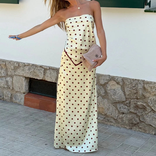 Strapless Polka Dot Satin Tie Up Crop Tops And A-line Maxi Skirt Set