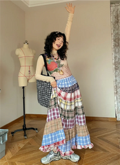 Plaid Patchwork Ruffles Maxi Skirt - Bohemian A-Line
