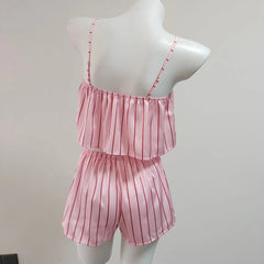 Pink Striped Satin Crop Top And Shorts Loungewear Set