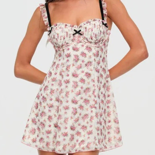 Floral Print Hollow Out Backless A-line Sling Mini Dress