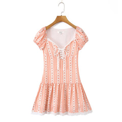 Orange Floral Stripes Print Lacing up Short Puff Sleeve Mini Dress