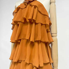 Ruffle Halter Flower Decoration Layered Mini Dress