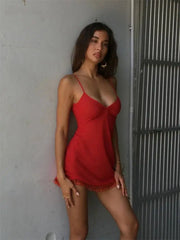 Red Spaghetti Strap Tassel Hem Mini Dress