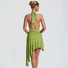 Deep V-Neck Halter Twisted Pleated Waist Irregular Hem Mini Dress