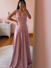 Pink Square Neck Straps Satin Patchwork Maxi Dress