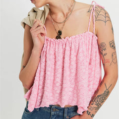 3D Floral Textured Spaghetti Tie Strap Cropped Top