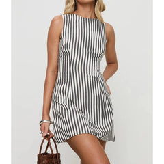 Striped Print Sleeveless Boat Neck Mini Dress