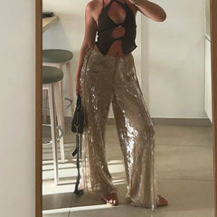 Glitter Embroidery Loose Fit Long Pants