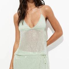 Sequin Sheer Open Back Tie Up Top