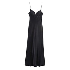 Satin Solid V-neck Strap Maxi Dress