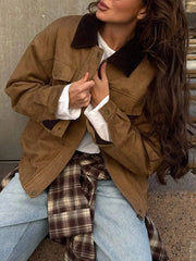 Brown Lapel Ribbed Collar Patchwork Pocket Jacket