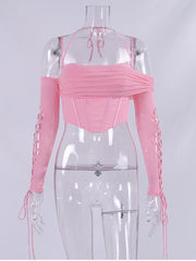 Pink Off Shoulder Lace Up Long Sleeve Corset Crop Top