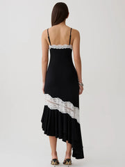 Lace Trim Ruffle Mermaid Hem Cami Midi Dress