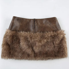 Brown Faux Fur Crop Coat With Patchwork Mini Skirt