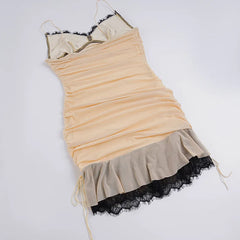 Beige Lace Mesh Patchwork Drawstring Mini Dress