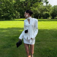 White V-Neck Tapered Waist Suit And Mini Skirt Set