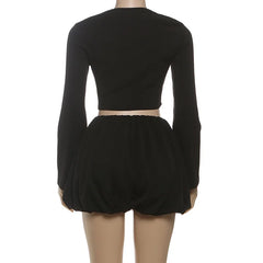 Black Long-sleeved Crop Top And Puff Mini Skirt Set