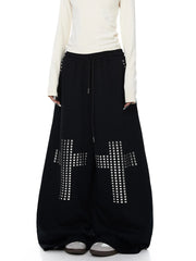 Black Rhinestone Cross Wide Leg Sweatpants