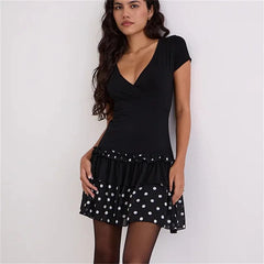Black Polka Dot V-Neck Short Sleeve Mini Ruffle Dress