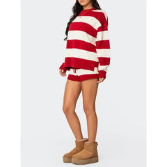 Knit Striped Long Sleeve Pullover And Drawstring Waist Shorts Set