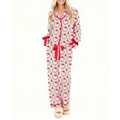 Christmas Bow Tie Ruffle Long Sleeve Shirt with Pants Pj Set