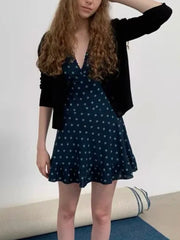 Navy Floral Print V Neck Puff Sleeve Mini Dress