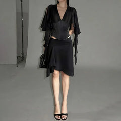 Black V-Neck Frill Slit Sleeve Top And Midi Irregular Skirt Set