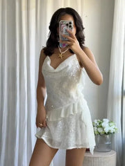 Sequin Layered Ruffle V-neck Sleeveless Mini Dress
