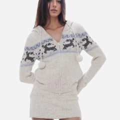 Double Zipper Hooded Knitted Cardigan And Mini Skirt