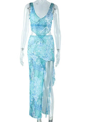 Sheer Printed V-neck Crop Top And Frill Slit Midi Skirt Set