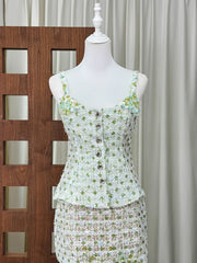Green Floral Beaded Sequin Corset Top And Mini Skirt Set