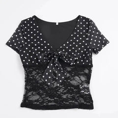Black Dot Print Lace Patchwork Crop Top