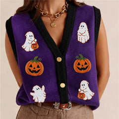 Halloween Ghost Pumpkin Patch Embroidery Knit Vest