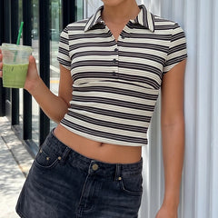 Ribbed Striped Collar Fitted Button T-Shirt