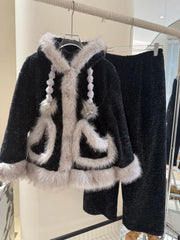 Black Fur Fleece 3 Piece Sleepwear Set